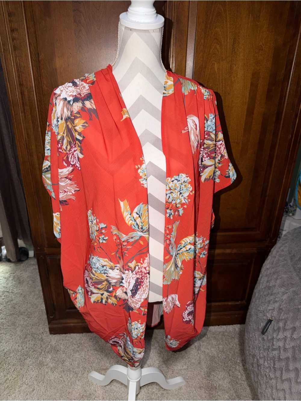 Coral Floral Open Front Kimono